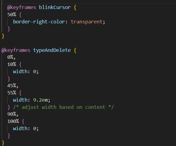 CSS styling with keyframes for typing animation